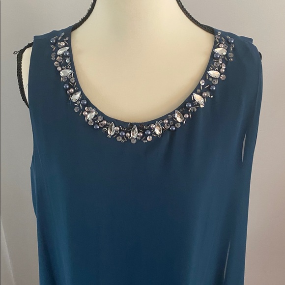 SLNY size 14 teal sleeveless dress with sheer overlay - Picture 2 of 9